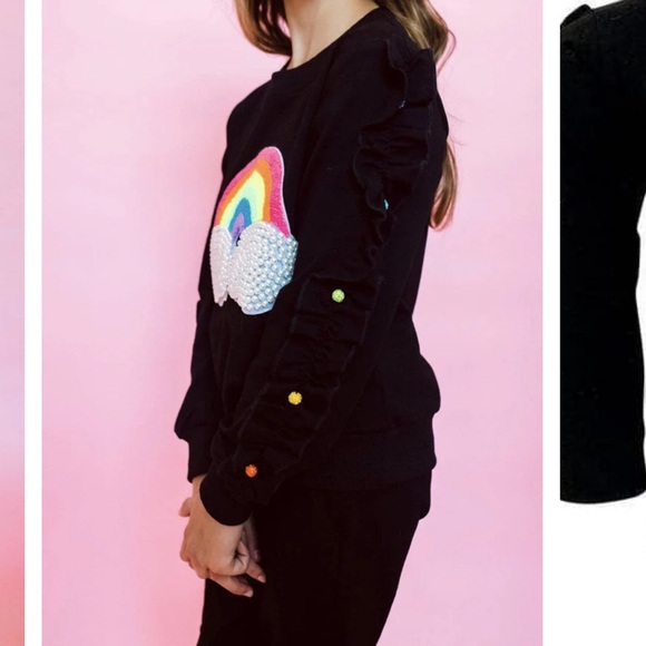 Lola + the Boys ruffle cloud rainbow gem black sweater size 8 - Picture 4 of 6